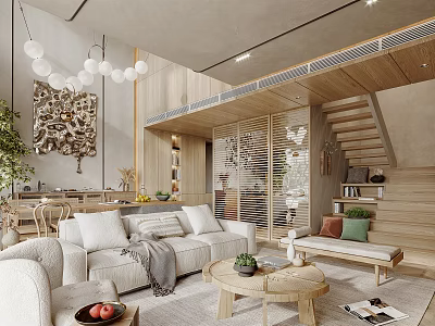 Modern Open Living Dining Area With Wooden Sofa Coffee Table Green Plants And Pendant Lights 3d model