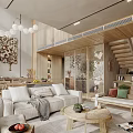 Modern Open Living Dining Area With Wooden Sofa Coffee Table Green Plants And Pendant Lights