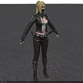 Blonde Woman In Black Mask Studded Leather Jacket And White Top Outside Glass Building