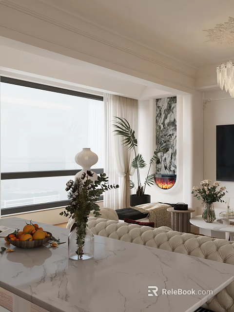 Modern Dining and Living Room Interior With Large Window Green Plants Fireplace and White Sofa 3d model 