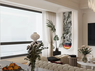 Modern Dining and Living Room Interior With Large Window Green Plants Fireplace and White Sofa 3d model
