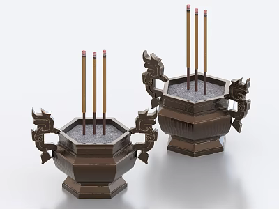 Decorative Ornament Set of Traditional Dragon Shaped Bronze Incense Burners with Incense Sticks 3d model