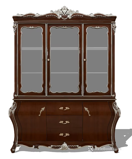 Elegant Wooden Display Cabinet With Glass Doors And Carved Drawer Details 3d model 