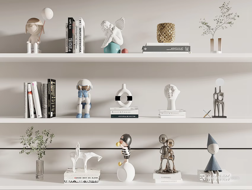 Modern Decorative Ornament Set On Display Shelves With Sculptures Books And Plant Vases 3d model 