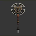 Ornate Double Headed Axe Weapon With Metallic Blades Red Accents And Intricate Handle Design