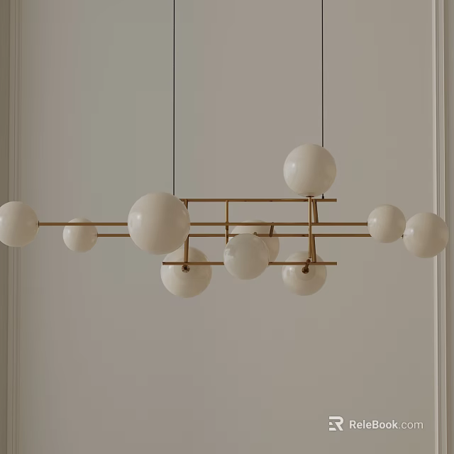 Modern Linear Chandelier With White Spherical Bulbs And Golden Frame Design 3d model 