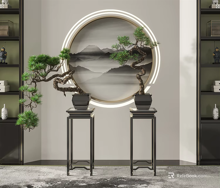 Chinese Style Bonsai Pine Trees On Black Stands With Round Mountain Landscape Painting 3d model 