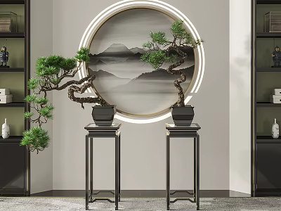 Chinese Style Bonsai Pine Trees On Black Stands With Round Mountain Landscape Painting 3d model