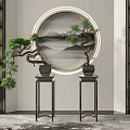 Chinese Style Bonsai Pine Trees On Black Stands With Round Mountain Landscape Painting