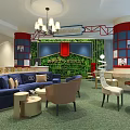 Modern Conference Room Interior With Blue Sofas Chandelier Meeting Table And Display Wall
