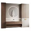 Elegant Modern Bathroom Interior Design With Round Mirror White Sink And Wooden Cabinets