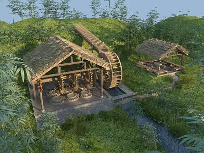 Traditional Thatched Roof Buildings With Watermill In Bamboo And Green Grass Setting 3d model
