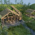 Traditional Thatched Roof Buildings With Watermill In Bamboo And Green Grass Setting