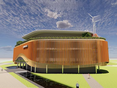Modern Sales Office Building With Orange Exterior Green Roof And Wind Turbines 3d model