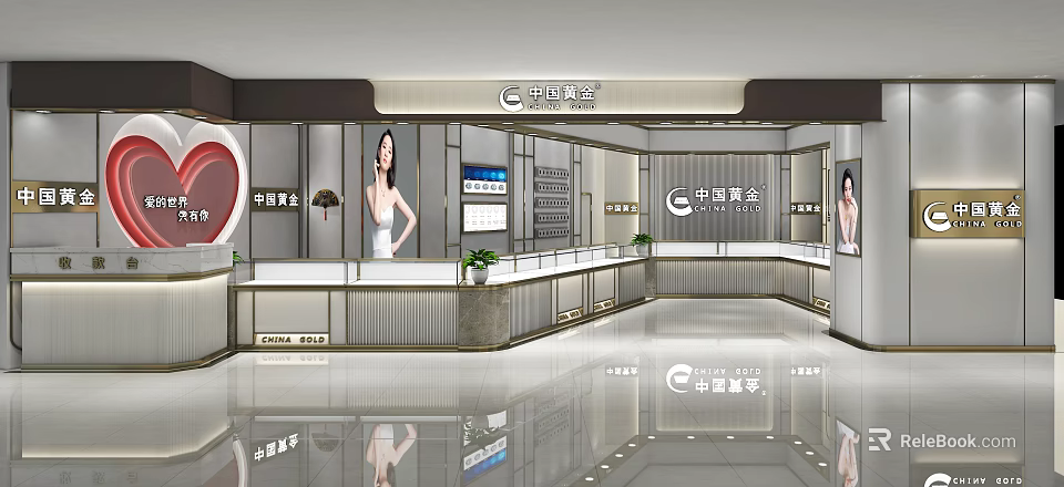 Chinese Gold Jewelry Store Modern Interior With Display Counters And Model Posters 3d model 