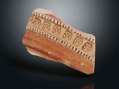 Ancient Pottery Shard With Intricate Carved Patterns And Reddish Brown Surface 3d model