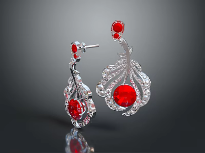Elegant Silver Earrings With Red Gemstones And Decorative Metal Design 3d model