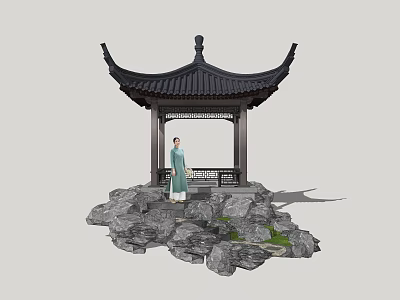 Traditional Chinese Pavilion With Black Roof Stone Base And Person In Traditional Clothing 3d model