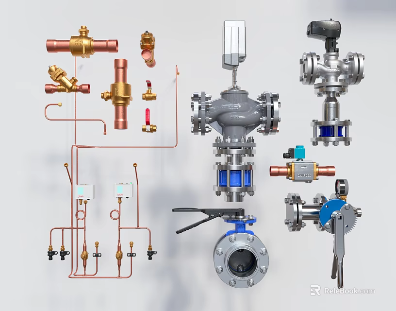 Assorted Industrial Valves Pipe Fittings And Mechanical Control Components 3d model 