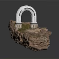 Floating Rock Platform With White Arch Structure Vegetation And Wooden Pathway