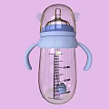 Ceramic Baby Bottle With Transparent Body Measurement Scale Blue Nipple Handles And Pink Background