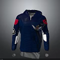Navy Blue Hooded Jacket With Red Sleeves Striped Design And Chest Emblem