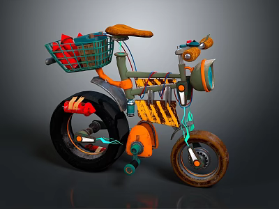 Unique Creative Bicycle With Basket Brown Seat Orange Green Frame Flame Wheel And Headlight 3d model