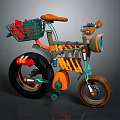 Unique Creative Bicycle With Basket Brown Seat Orange Green Frame Flame Wheel And Headlight