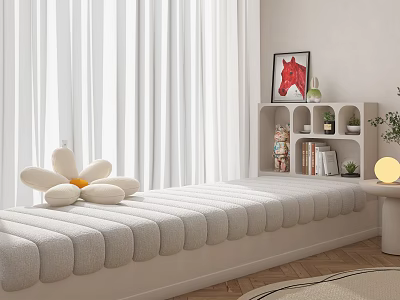 Cozy Bay Window With Beige Cushion Flower Shaped Pillow White Curtains Bookshelf And Green Plant 3d model