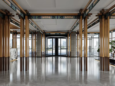 Modern Chinese Style Hotel Lobby With Wooden Structure Glass Doors Marble Floor And Spacious Space 3d model