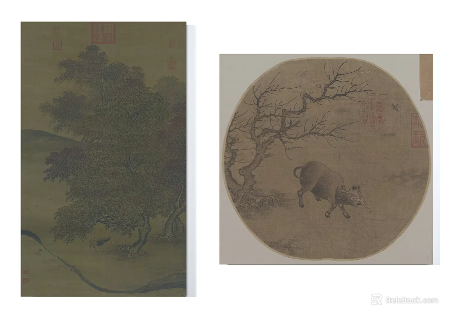 Traditional Landscape Painting with Trees Mountains Bare Tree Ox in Rectangular and Circular Frames 3d model