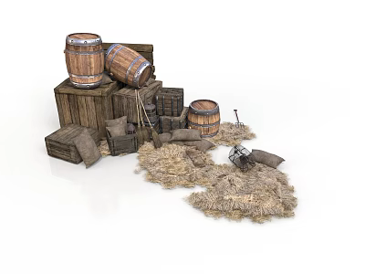 Rustic Household Storage Items Including Wooden Barrels Crates Hay Stacks And Sacks 3d model