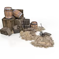 Rustic Household Storage Items Including Wooden Barrels Crates Hay Stacks And Sacks