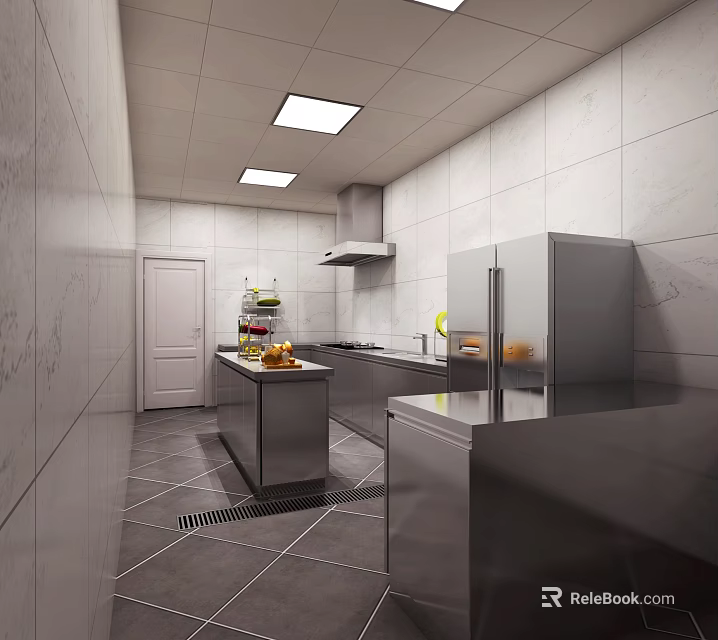Modern Commercial Kitchen With White Tiled Walls Gray Flooring Stainless Steel Appliances And Island Counter 3d model 