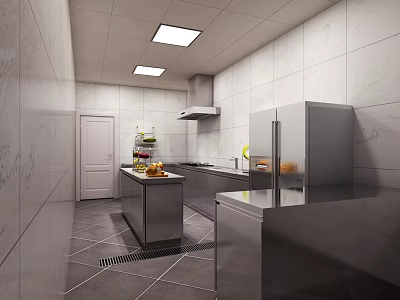 Modern Commercial Kitchen With White Tiled Walls Gray Flooring Stainless Steel Appliances And Island Counter 3d model