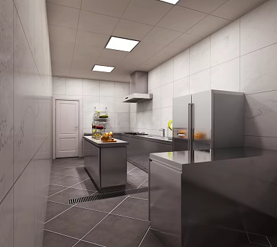 Modern Commercial Kitchen With White Tiled Walls Gray Flooring Stainless Steel Appliances And Island Counter 3d model