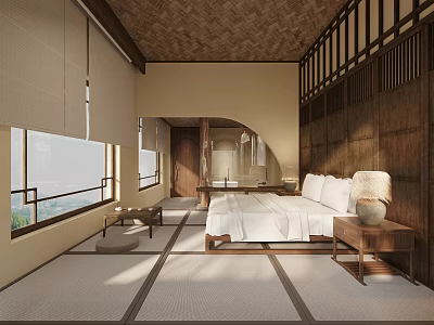 Hotel Guest Room Featuring Japanese Style Tatami Flooring Wooden Accents Large Windows And Minimalist Design 3d model