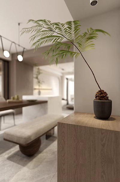 Pine Bonsai Plant With Long Stem In Ceramic Pot On Wooden Shelf Modern Interior 3d model