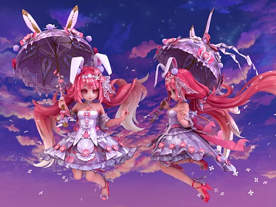 Women with Pink Hair and Rabbit Ears Holding Decorated Umbrellas Flying in Purple Pink Sky with Clouds Stars 3d model