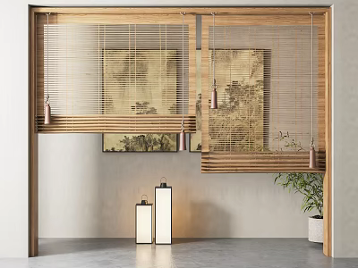Modern Wooden Blinds Decorating Window In Contemporary Interior With Artwork And Floor Lamp 3d model