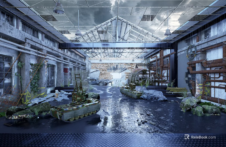 Abandoned Industrial Factory Space With Rusted Tanks Debris And Metal Structures 3d model 