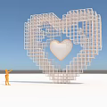 Red Heart Shaped Sculpture With Grid Structure And Central Small Heart As Person Looks Up