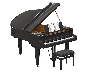 Black Grand Piano With Open Lid White Keys And Music Sheets On Stand With Stool 3d model