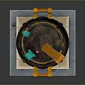 Decorative Household Cauldron Black With Orange Accents Brick Base Metal Handles Green Red Items Inside