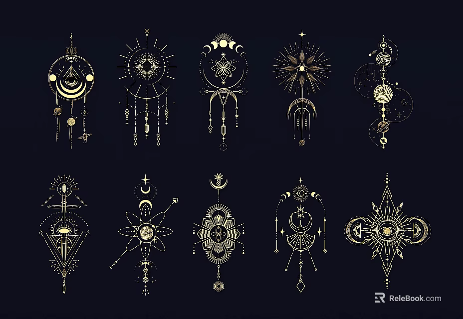Gold Sun Moon Geometric Wall Decor With Intricate Tassels And Mystical Symbols 3d model 