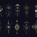 Gold Sun Moon Geometric Wall Decor With Intricate Tassels And Mystical Symbols