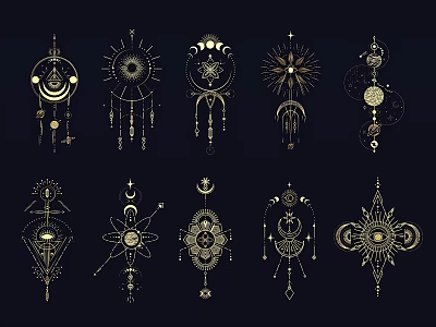 Gold Sun Moon Geometric Wall Decor With Intricate Tassels And Mystical Symbols 3d model