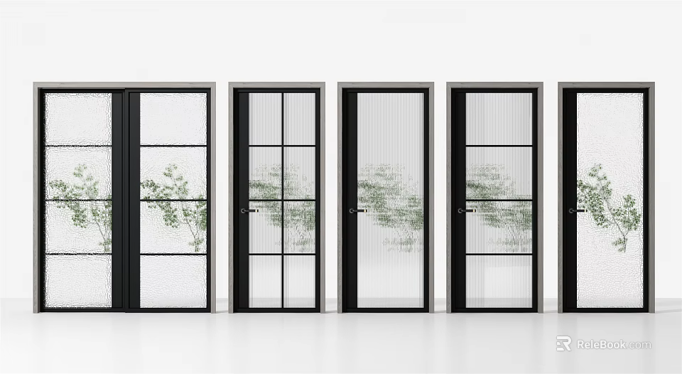 Modern Glass Doors With Black Frames Grid Design And Plant Reflections 3d model