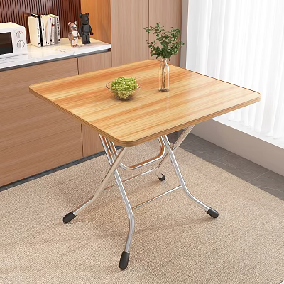 Wooden Top Dining Table with Metal Frame and Green Plant Vase Decoration 3d model
