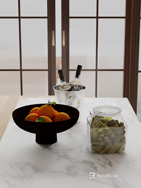 Modern Kitchen Interior With Marble Countertop Black Bowl Oranges Ice Bucket And Glass Jar Nuts 3d model 